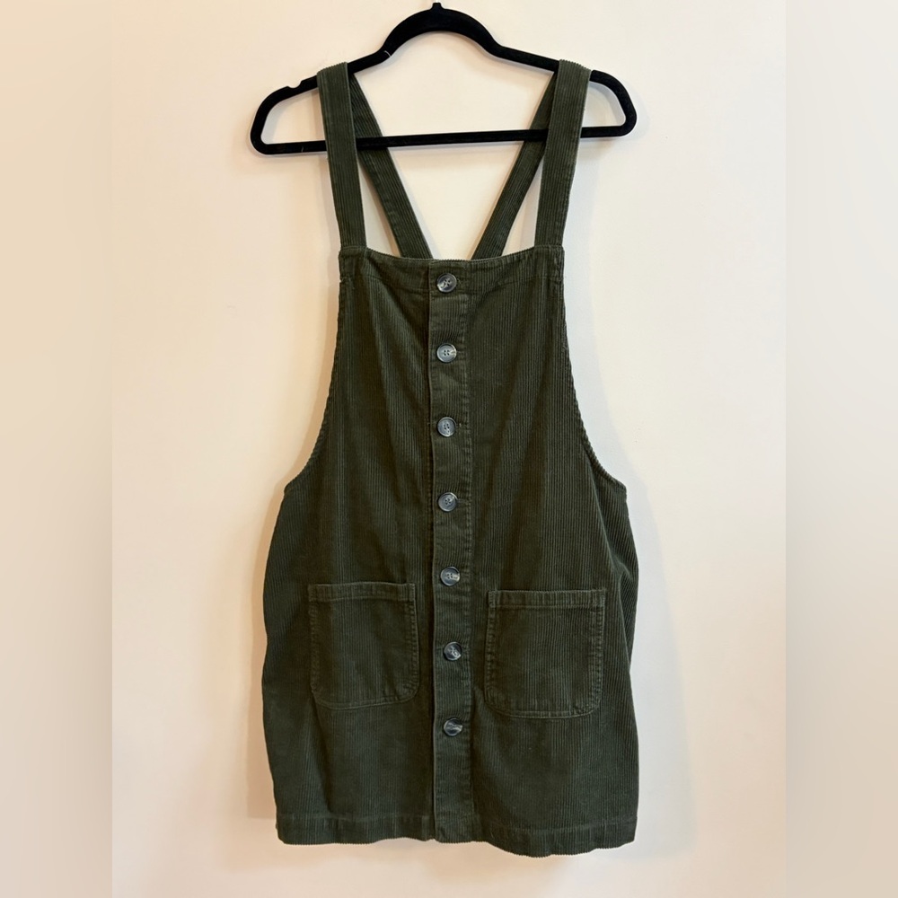 Blue Spice Green Corduroy Buttoned Cotton Overall Dress Jumper Skirt Pockets